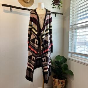Free People Multi Color Long Duster Open Style Knit Cardigan Sweater Size Medium